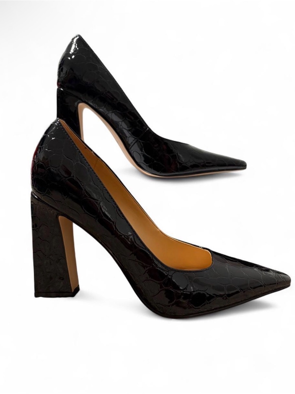 Nine West Black Patent Croc-Embossed Pointed Toe Block Heel Pumps